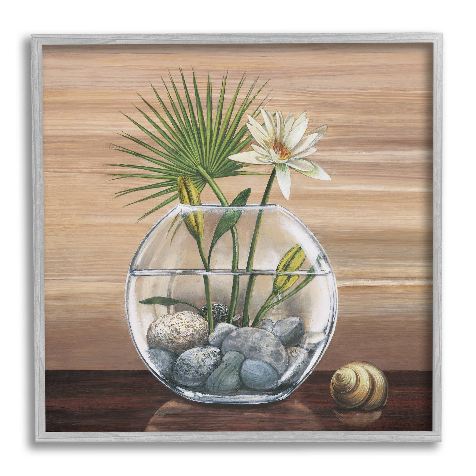 Stupell Industries Lotus and Palm Plant in Rock Vase Still-Life in Gray Frame Wall Art